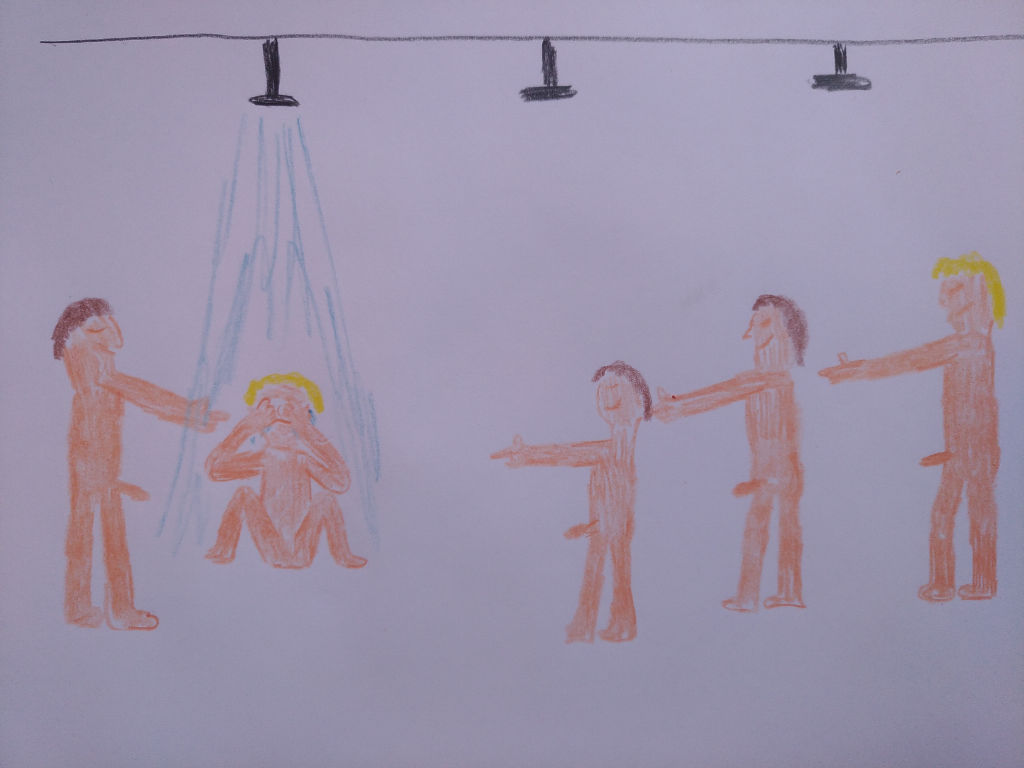 Dibujo de bullying en una ducha de un vestuario. Mi niñe interior sentade en el suelo debajo de una ducha, y cuatro niños desnudos con erecciones señalando al niñe