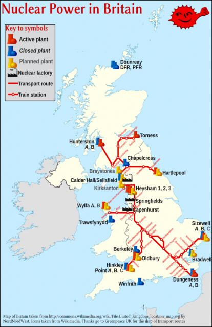 Nuclear Power in Britain: Map of past, present, and planned nuclear power stations in Britain. Map based on Wikipedia, icons based on Wikimedia. For an svg version of the map, click on the map image